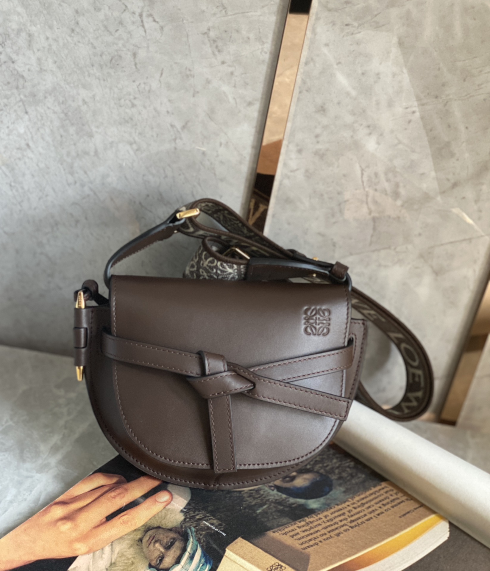 Loewe Mini Gate Dual Bag in Soft Calfskin and Jacquard Dark Chocolate